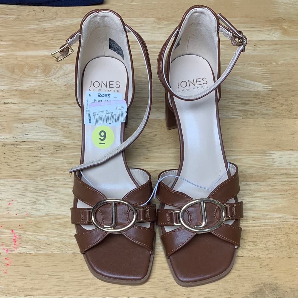 Jones New York Brown Leather Ankle-Strap Block Heel Sandals